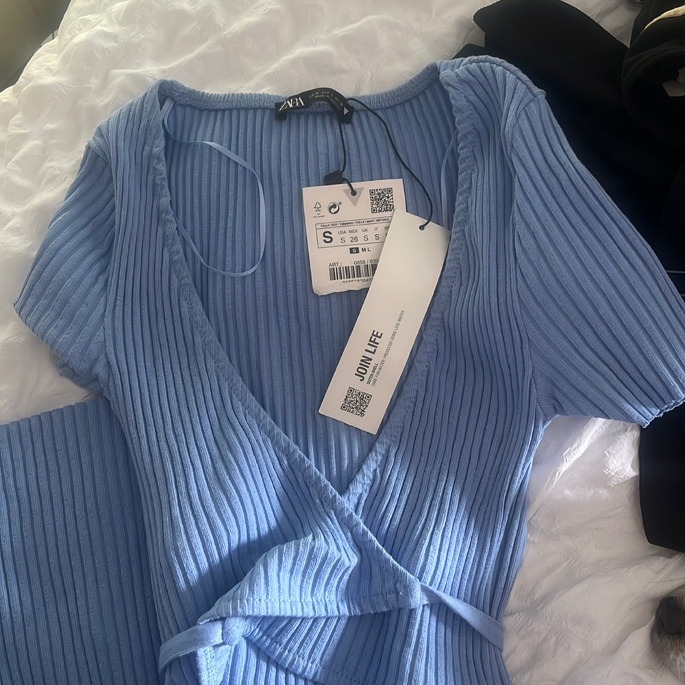 Blue crisscross wrapped dress